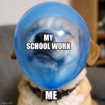Dog getting it’s face stuck in a ballon | MY SCHOOL WORK; ME | image tagged in dog getting it s face stuck in a ballon,school memes | made w/ Imgflip meme maker