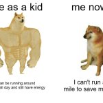 Buff Doge vs. Cheems Meme | me as a kid; me now; i can be running around outside all day and still have energy; I can't run a mile to save my life | image tagged in memes,buff doge vs cheems | made w/ Imgflip meme maker