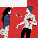 Girl shooting knives at boy's heart