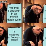 The Diamond Trial | Queen Diamond; We trap Foeslayer in an infinite death cycle; We call it the Diamond Trial and dragonets use it to rise on the ranks; 2 dragonets let Foeslayer escape; 2 dragonets let Foeslayer escape | image tagged in memes,gru's plan,wings of fire | made w/ Imgflip meme maker