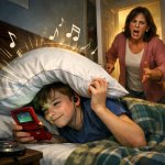 Nintendo mit lauter Musik unter dem Kopfkissen und Mutter kommt