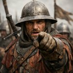 medieval soldier pointing at the camera