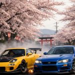 RX7 and R34 GTR drifting under sakura trees