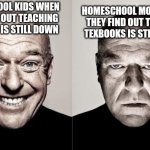 Hank Angry-Happy | HOMESCHOOL KIDS WHEN THEY FIND OUT TEACHING TEXBOOKS IS STILL DOWN; HOMESCHOOL MOMS WHEN THEY FIND OUT TEACHING TEXBOOKS IS STILL DOWN | image tagged in hank angry-happy | made w/ Imgflip meme maker