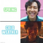 Typical weather forecast for people who live in Ohio | SPRING; COLD WEATHER | image tagged in squid game before and after meme,squid game,ohio,only in ohio,weather | made w/ Imgflip meme maker