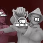 Gaviscon Firemen | MY ASOPHAGUS; ME; LIQUID NITROGEN | image tagged in gaviscon firemen | made w/ Imgflip meme maker