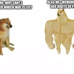 its so weird | ALSO ME: *MEMORIZES 500 DIGITS OF PI*; ME: WHY CANT I REMEBER WHICH WAY IS LEFT | image tagged in buff doge vs cheems reversed,funny,memes,pi,left | made w/ Imgflip meme maker