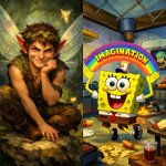 Split image of Puck (mischievous grin, fairy pose) on one side a