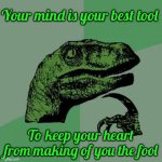 Philosoraptor | Your mind is your best tool; To keep your heart from making of you the fool | image tagged in memes,philosoraptor | made w/ Imgflip meme maker