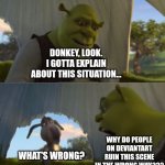 The Problem with the 5 Minutes Meme on DeviantArt | DONKEY, LOOK. I GOTTA EXPLAIN ABOUT THIS SITUATION... WHAT'S WRONG? WHY DO PEOPLE ON DEVIANTART RUIN THIS SCENE IN THE WRONG WAY??? | image tagged in could you not ___ for 5 minutes,shrek,big problem,dreamworks,deviantart,why are you reading the tags | made w/ Imgflip meme maker