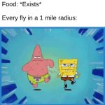 Spongebob and Patrick Running | Food: *Exists*
 
Every fly in a 1 mile radius: | image tagged in spongebob and patrick running | made w/ Imgflip meme maker