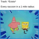 Spongebob and Patrick Running | Trash: *Exists*
 
Every raccoon in a 1 mile radius: | image tagged in spongebob and patrick running | made w/ Imgflip meme maker