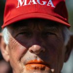 Elderly man MAGA ballcap hat orange lips Cheetos