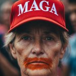 elderly MAGA woman orange lips TDS hat ballcap