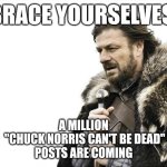Chuck Norris Can't Die | BRACE YOURSELVES; A MILLION
 "CHUCK NORRIS CAN'T BE DEAD"
 POSTS ARE COMING | image tagged in memes,brace yourselves x is coming,chuck norris | made w/ Imgflip meme maker