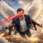 Charlie Kirk with laser eyes flying with angelic wings holding t