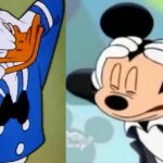 Donald duck and Mickey mouse covering their ears