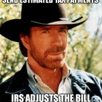 Chuck Norris Taxes | chuck norris doesn't send estimated tax payments; irs adjusts the bill to whatever he reports | image tagged in memes,chuck norris | made w/ Imgflip meme maker