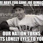 Our Hero Joe | where have you gone joe dimaggio? Our nation turns its lonely eyes to you | image tagged in our hero joe | made w/ Imgflip meme maker