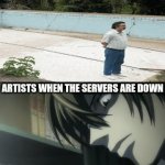 Ai 'artists' when the servers are down(top image) | Artists when the servers are down | image tagged in gifs,death note,sad pablo escobar,ai,servers,ram | made w/ Imgflip video-to-gif maker