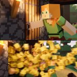 alex from minecraft opening a door and baby chickens explode out
