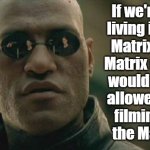 Matrix Morpheus | If we're all 
living in the 
Matrix, the 
Matrix never 
would have 
allowed the 
filming of 
the Matrix. | image tagged in memes,matrix morpheus | made w/ Imgflip meme maker