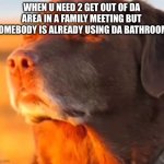 Dog Taking Sun with Closed Eyes | when u need 2 get out of da area in a family meeting but somebody is already using da bathroom: | image tagged in dog taking sun with closed eyes | made w/ Imgflip meme maker