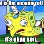 what is the meaning of life? It's okay son... | what is the meaning of life? it's okay son... | image tagged in memes,mocking spongebob | made w/ Imgflip meme maker