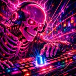 really epic neon pink skeleton pressing keyboard with highlighte