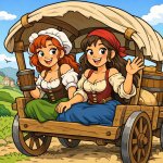 two medieval wenches in a wagon