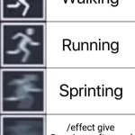 Command | /effect give @e minecraft:speed infinite 255 | image tagged in walking running sprinting,minecraft | made w/ Imgflip meme maker