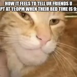 Good old' days | how it feels to tell ur friends u slept at 11:0pm when their bed time is 9:00: | image tagged in cat mewing,so true | made w/ Imgflip meme maker