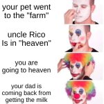 types of lies | your pet went to the "farm"; uncle Rico Is in "heaven"; you are going to heaven; your dad is coming back from getting the milk | image tagged in memes,clown applying makeup | made w/ Imgflip meme maker