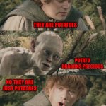 potatoes | they are potatoes; potato dragons precious; No they are just Potatoes | image tagged in potatoes | made w/ Imgflip meme maker