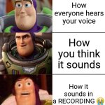 True story ? | How everyone hears your voice; How you think it sounds; How it sounds in a RECORDING 😭 | image tagged in better best blurst lightyear edition,voice | made w/ Imgflip meme maker