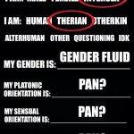 idk bro, just leave me here | parker; ??? whatever u want; gender fluid; pan? pan? pan? pan? | image tagged in the ultimate lgbtq get to know me,lgbtq,pride,support,why are you reading the tags | made w/ Imgflip meme maker