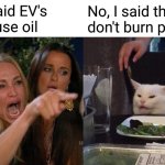 Woman Yelling At Cat | You said EV's don't use oil; No, I said they don't burn petrol | image tagged in memes,woman yelling at cat | made w/ Imgflip meme maker