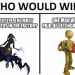 Who Would Win? | the prototype, the most powerful toy in the factory; one man with a pair of extendable arms | image tagged in memes,who would win | made w/ Imgflip meme maker