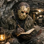 Jason voorhees with a notebook in a salt mine
