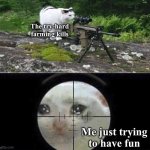 Trying to have fun was my first mistake. | The try-hard farming kills; Me just trying to have fun | image tagged in sniper cat | made w/ Imgflip meme maker