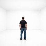 a man looking at a blank white room with nothing