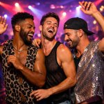 Three gay men dancing