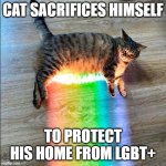 Rainbow Cat | cat sacrifices himself; to protect his home from lgbt+ | image tagged in rainbow cat,shitpost,gay,lgbtq,cat | made w/ Imgflip meme maker