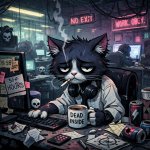 A depressive cat working 50 hours per week in an open space