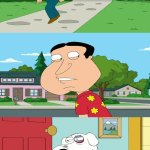 Beaten up Brian calling out Quagmire