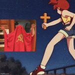 begone unholy communist! (cross repelling communist ghosts) | image tagged in misty holding a cross,communism,pokemon,ghost,communists | made w/ Imgflip meme maker