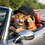 Orange cat wearing a black cap driving a roadster and talking on