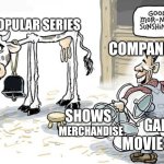 Technically Rovio and Nickelodeon in a nutshell | Popular series; Companies; Games; shows; Merchandise; Movies | image tagged in milking the cow,capitalism,money,memes,truth | made w/ Imgflip meme maker