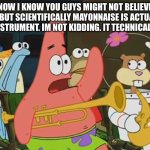 Is mayonnaise an instrument? | Now I know you guys might not believe me, but scientifically mayonnaise is actually an instrument. Im not kidding. It technically is. | image tagged in is mayonnaise an instrument,i wish i was kidding | made w/ Imgflip meme maker