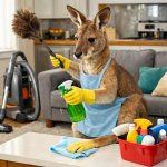 a kangaroo cleaning a house
